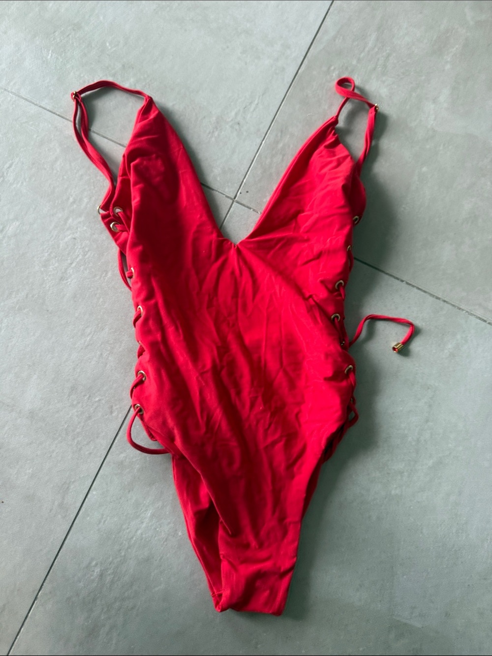 Blue Life Red Lace-Up One-Piece Swimsuit